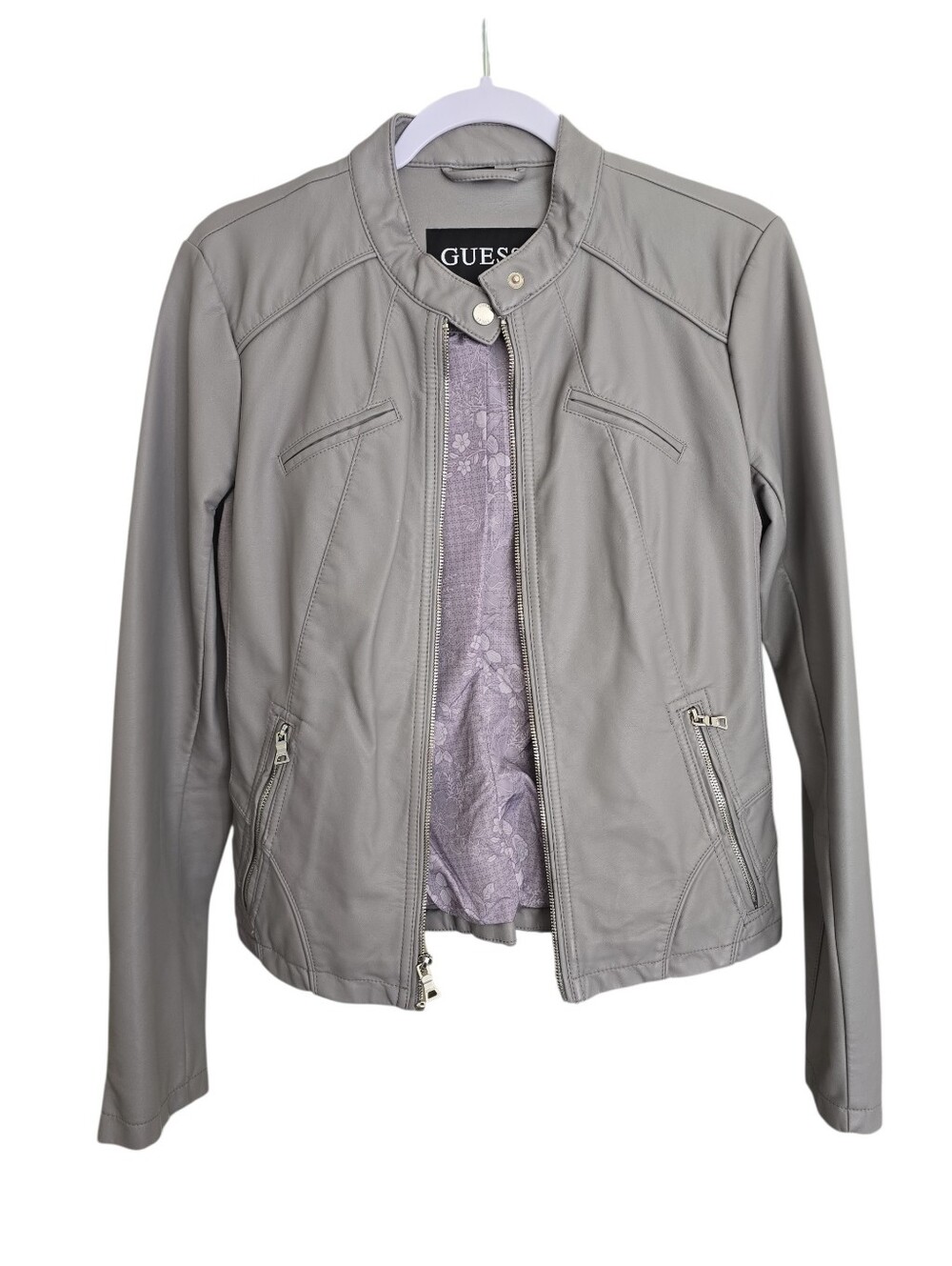 GUESS Light Gray Faux Leather Jacket, size M
